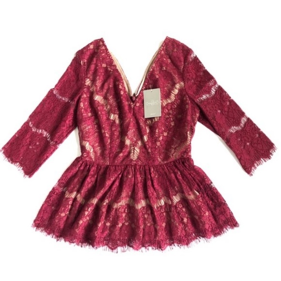 MAEVE Anthropologie Lace Needle Wine Red Peplum Boudreaux V-Neck Top Size XS - Picture 2 of 5